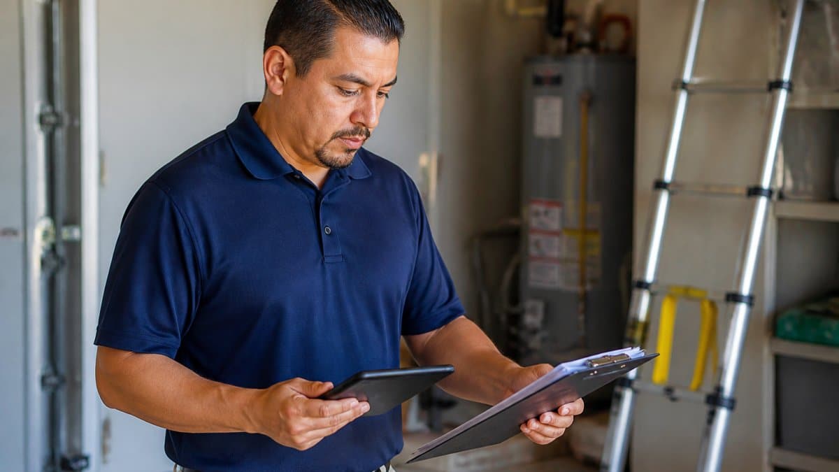 A home inspector in a polo shirt reviewing a tablet and clipboard inside a residential garage, with a ladder and water heater visible in the background