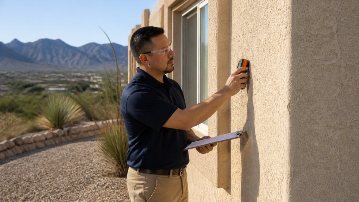 Licensed home inspector checking a stucco wall in El Paso for the best home inspection companies in El Paso rankings.