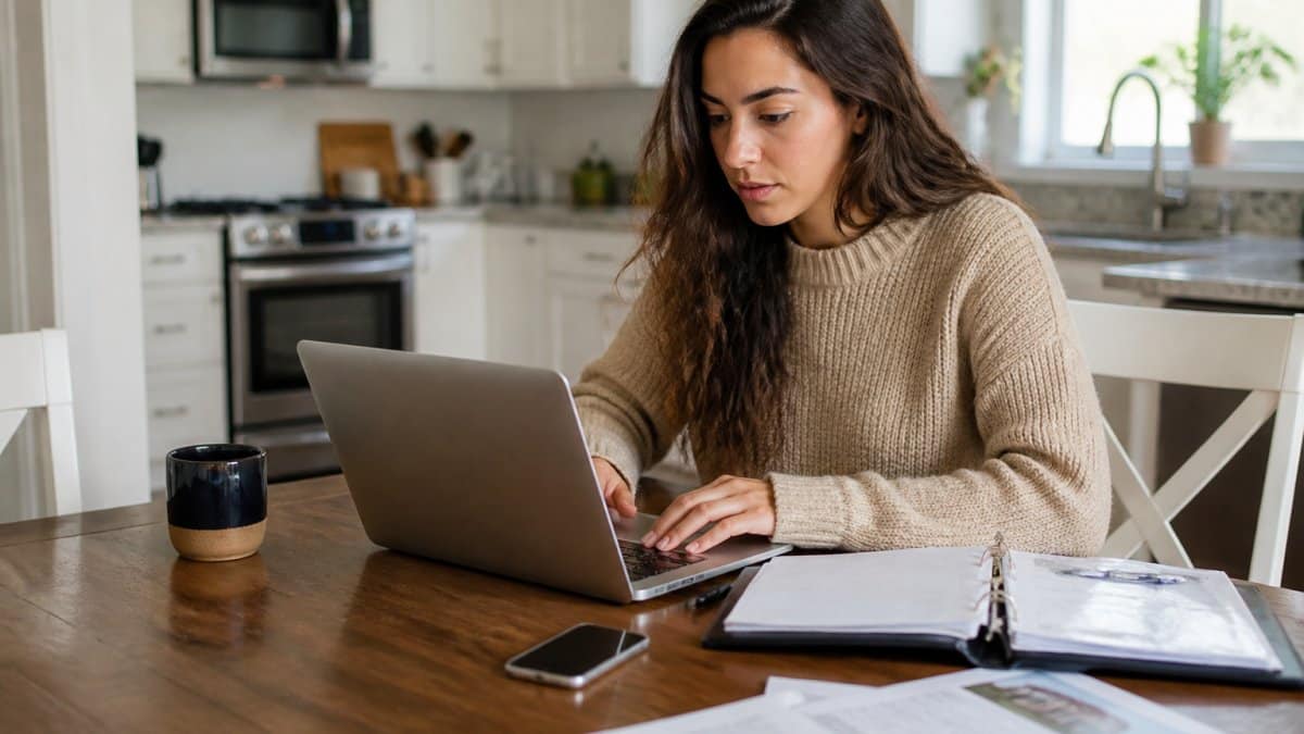A first-time homebuyer sitting at a kitchen table with a laptop, phone, and folder of property documents, completing an online inspection booking form in a bright home office