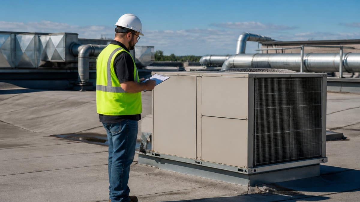 Inspector wearing a safety vest examining an HVAC unit during a commercial property inspection on a flat roof.