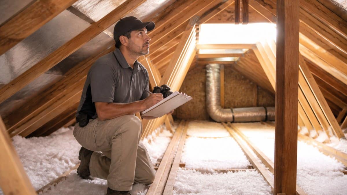Home inspector documenting attic insulation for a fast home inspection report turnaround