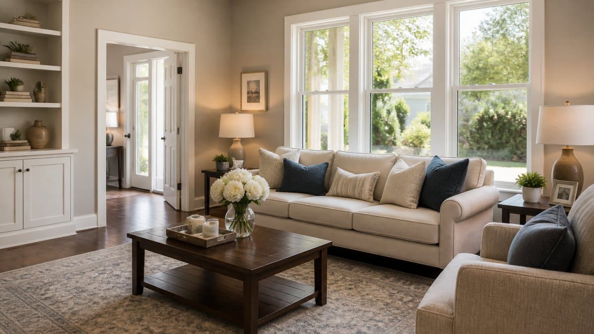 A well-staged living room with neutral furniture, fresh flowers on a coffee table, and natural light streaming through clean windows, prepared for a home showing