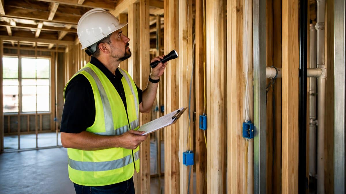A licensed home inspector in a hard hat and safety vest examining exposed wall framing with a clipboard and flashlight inside a house under construction