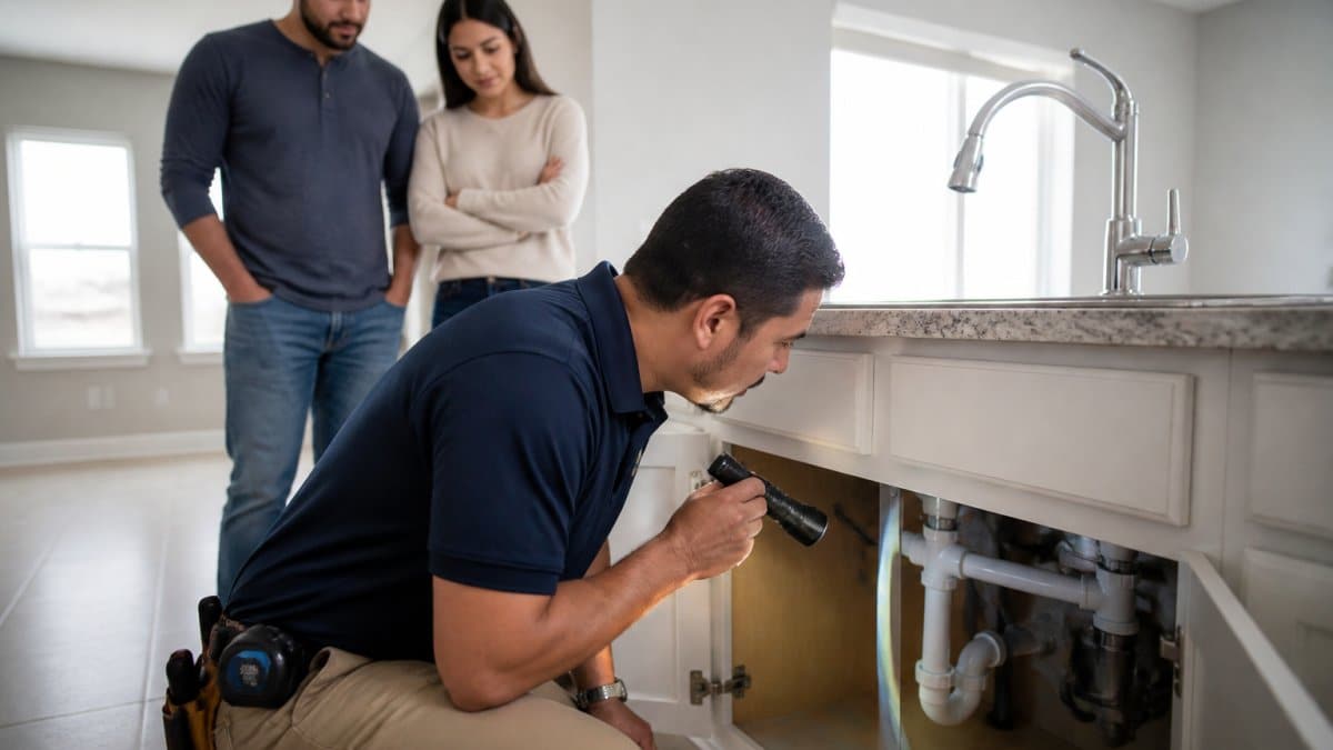 A professional home inspector in a polo shirt and work pants examining a kitchen sink with a flashlight, while a young couple watches attentively in the background of a bright, empty house