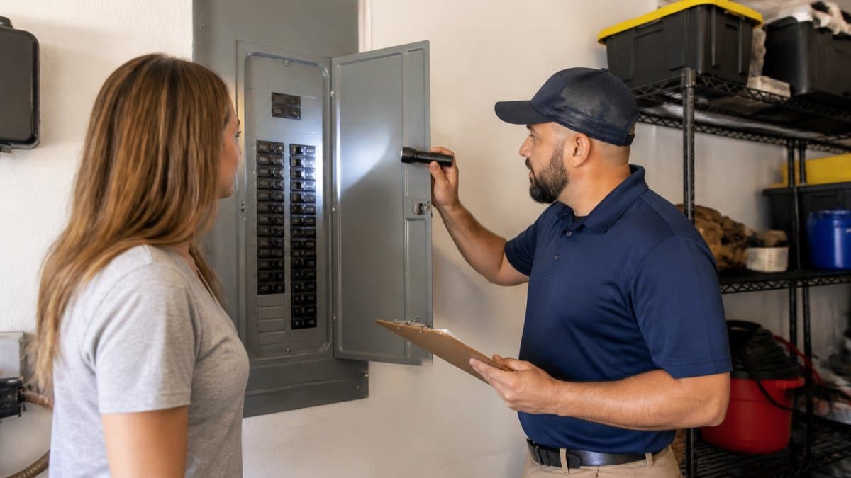A licensed home inspector in a polo shirt and cap examining a home's electrical panel with a flashlight and clipboard, homeowner standing nearby in a garage